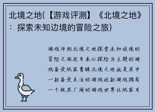 北境之地(【游戏评测】《北境之地》：探索未知边境的冒险之旅)